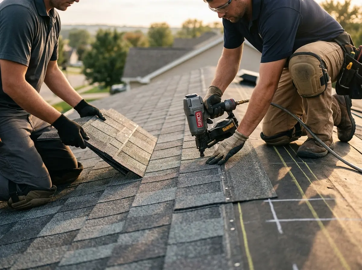 Professional roofer working on a residential roof in Dulles Town Center